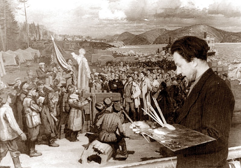 Г.А. Цивилёв  работает над картиной «Первый митинг строителей города». 1953
