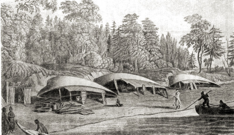 Лагерь американцев-туземцев, расположившихся под байдарами.  Атлас к путешествию Г. Сарычева
