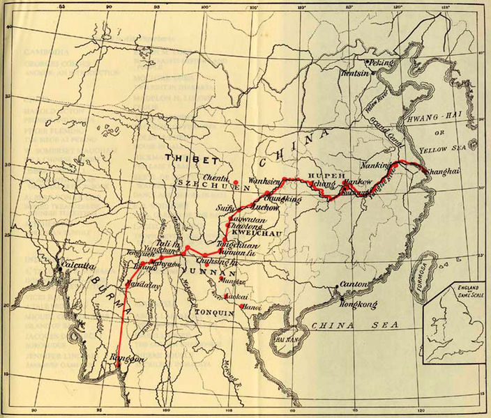 Маршрут путешествия Дж. Э. Моррисона через Китай в Мьянму (из Шанхая в Рангун) в 1894 г.