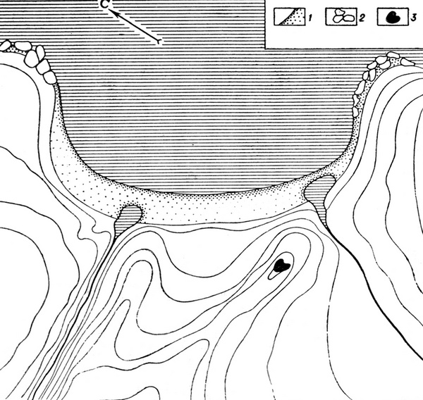 План бухты Второй (Окладников, Береговая, 1971). 1 – песок; 2 – камни; 3 – жилище
