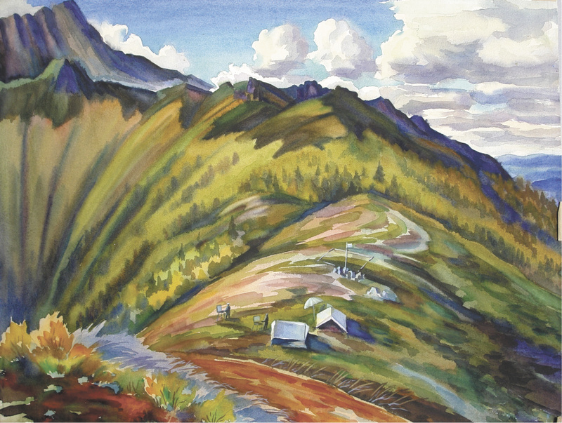 Лагерь художников в горах Сихотэ-Алиня. Бумага, акварель.  55 х 73. 1995